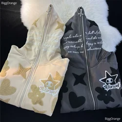 American Vintage Embroidery zip up hoodie High Quality Jacket Women Oversized Star Print Sweatshirt Goth Harajuku Y2k Streetwear