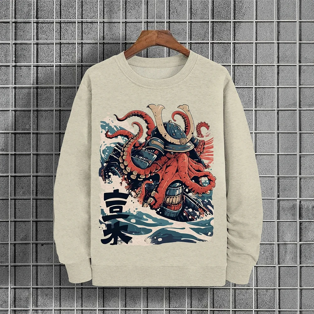 Japanese Style Hoodied Men's Sweatshirts Pullover Ukiyo-e Octopus Graphic Print Long Sleeves Hoodies Oversized Men Clothing Tops