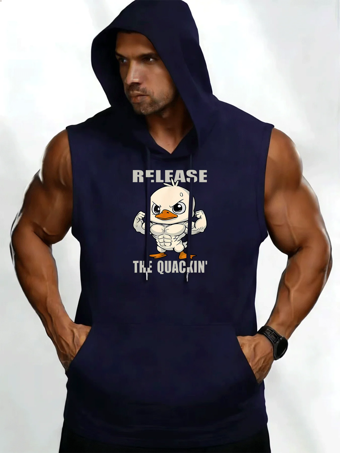 New summer men's pure white sleeveless hooded vest, polyester fiber sports hooded T-shirt, with kangaroo pockets