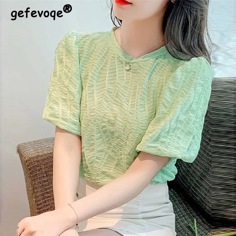 

Chic Sweet Jacquard Green White Fashion Chiffon Top Blouse Women Summer Casual O Neck Puff Short Sleeve Slim Shirts Blusas Mujer