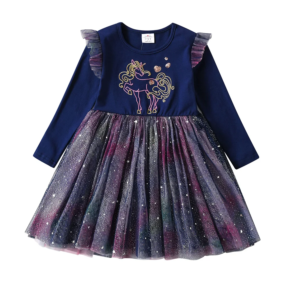 VIKITA Girls Long Sleeve Autumn Spring Dress Kids Licorne Embroidery Appliqued Gradient Dresses Girls Party Princess Dresses