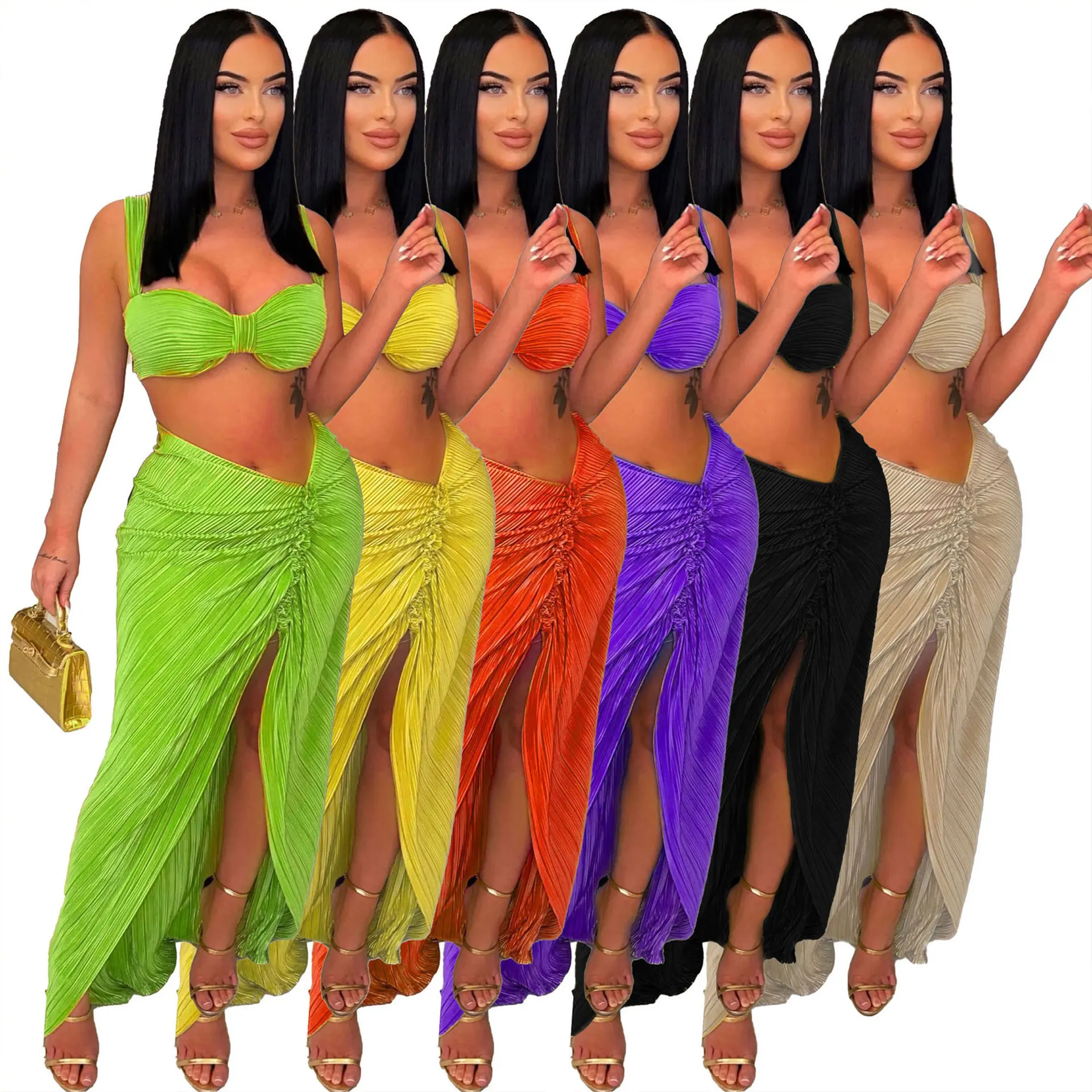 EINY Beach Pleated Women 2 Piece Sets Outfits 2025 Summer Crop Top and Midi Ruffles Draped High Side Split Maxi Long Skirt Set