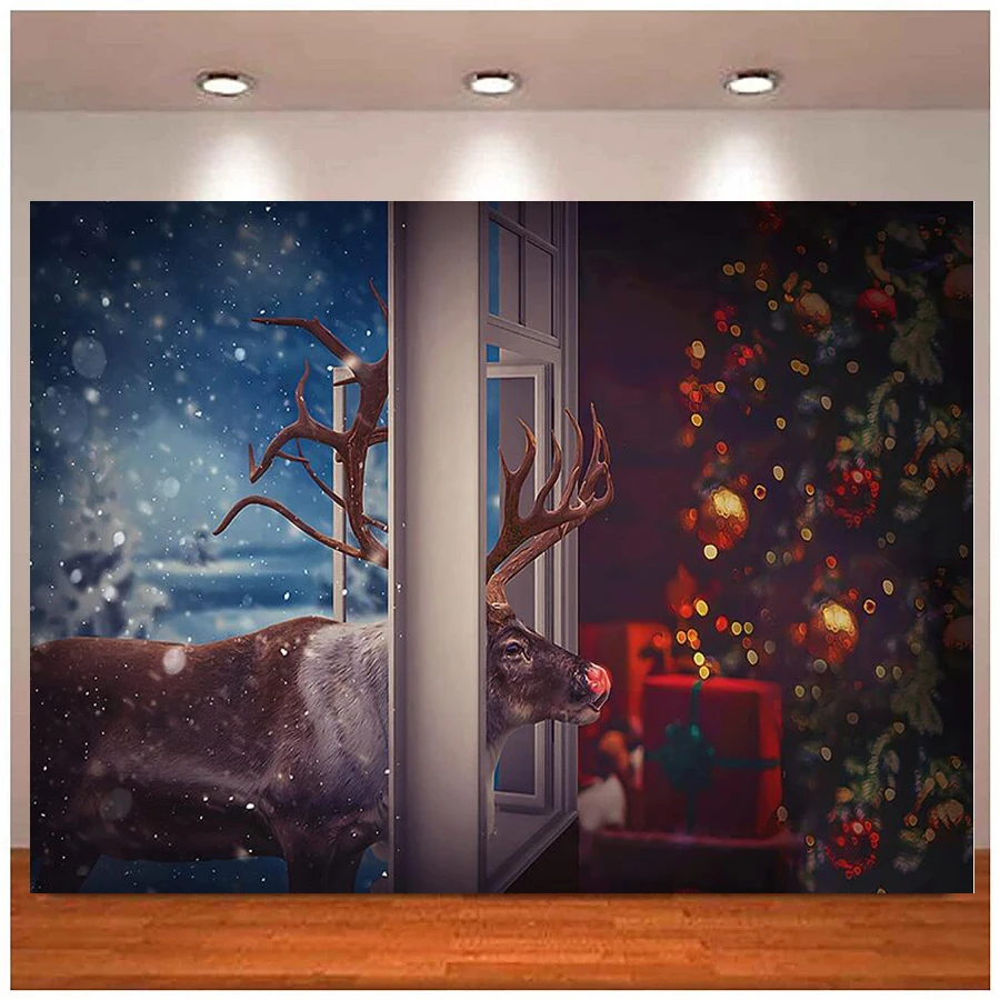 

Winter Christmas Photography Backdrop Feeding Reindeer Snowy Xmas Window Child Happy Birthday Party Cake Smash Background Decor