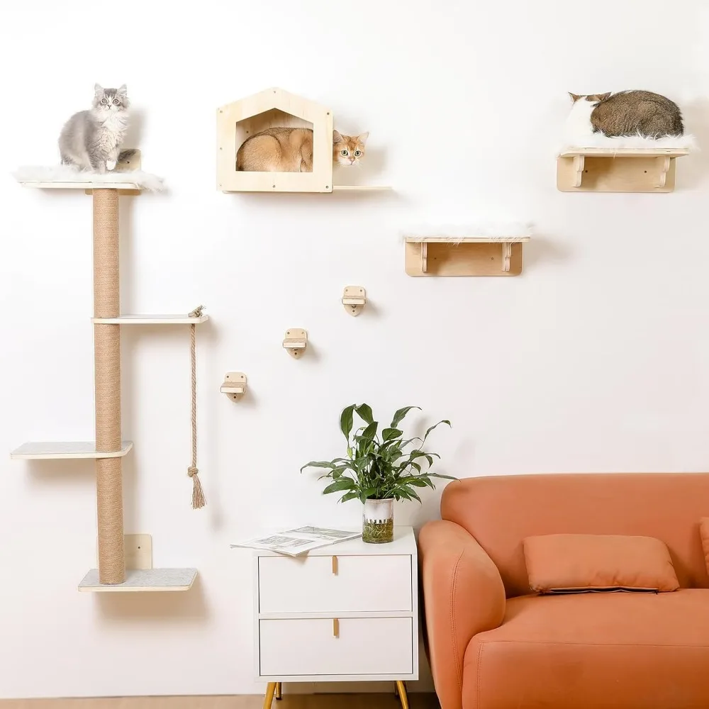 

Wood Wall Mounted Cat Furniture - 4-Tier Cat Tree with 1 Wall House, 2 Perches & 3 Wall Steps for Climbing