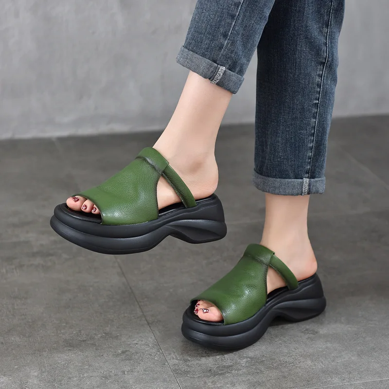 

Домашние тапочки, туфли на платформе, женские низкие тапочки с открытым носком, женские шлепанцы из натуральной кожи для девочек, лето 2021, туфли на каблуке-копыте, искусственная римская ткань