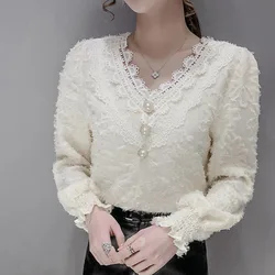 Autumn Winter Women's Pullover V-Neck Solid Lace Embroidered Button Flocking Petal Long Sleeve Tees Fashion Casual Elegant Tops