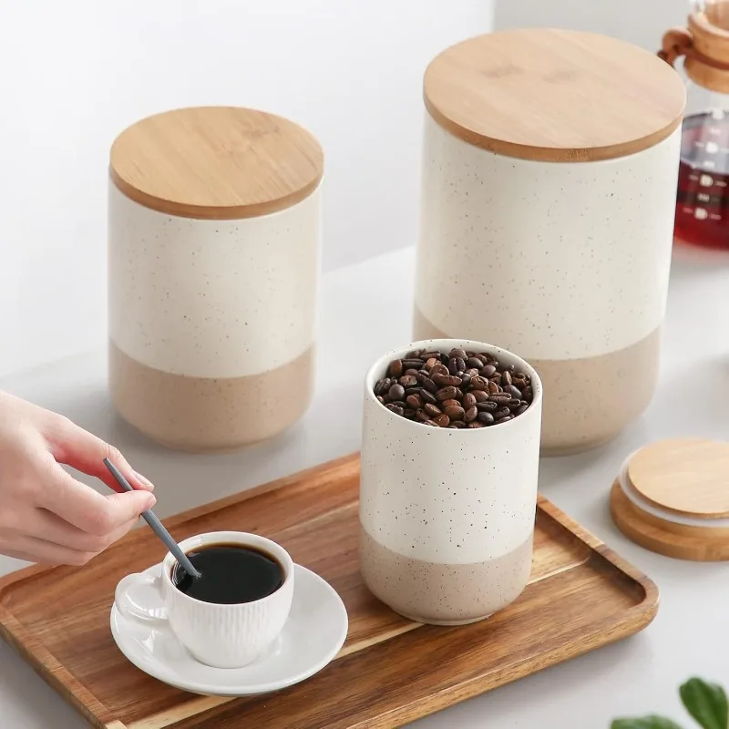 Sabine Ceramic Food Storage Jar, Kitchen Canisters with Airtight Seal Wooden Lid for Serving Ground Coffee, Tea, Sugar