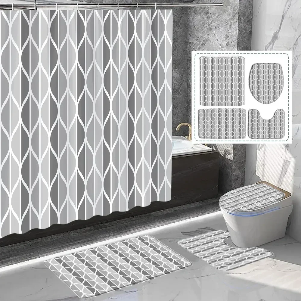 Stylish Geometric Lines Shower Curtain and Rug Set Grey and White Modern Minimalist Shower Curtain Rug Toilet Mat Bathroom Decor