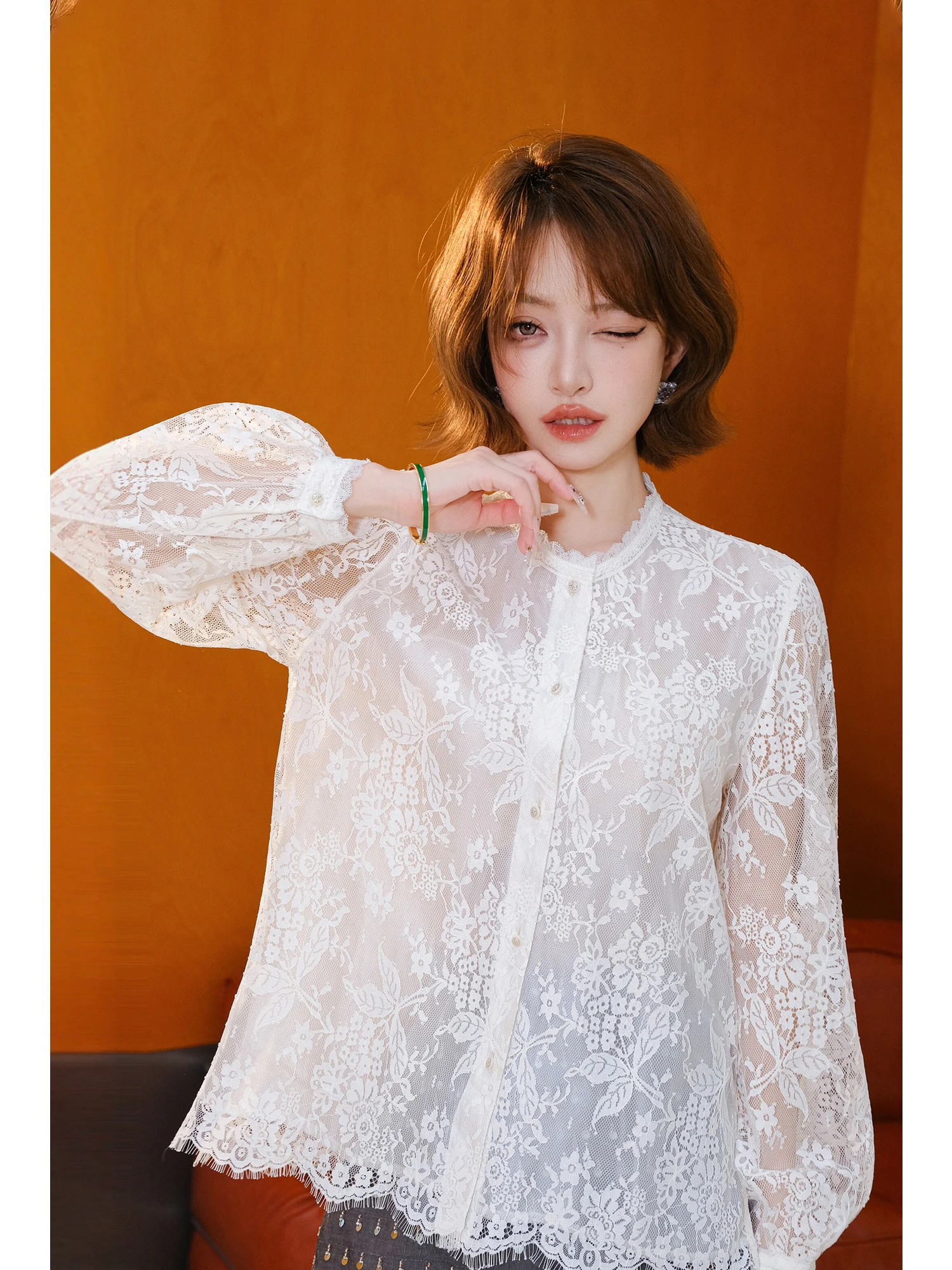 

Ретро-блузка с кружевом и длинными рукавами-фонариками, круглый вырез, новинка, женская модная дышащая одежда, приятная к телу, однотонная