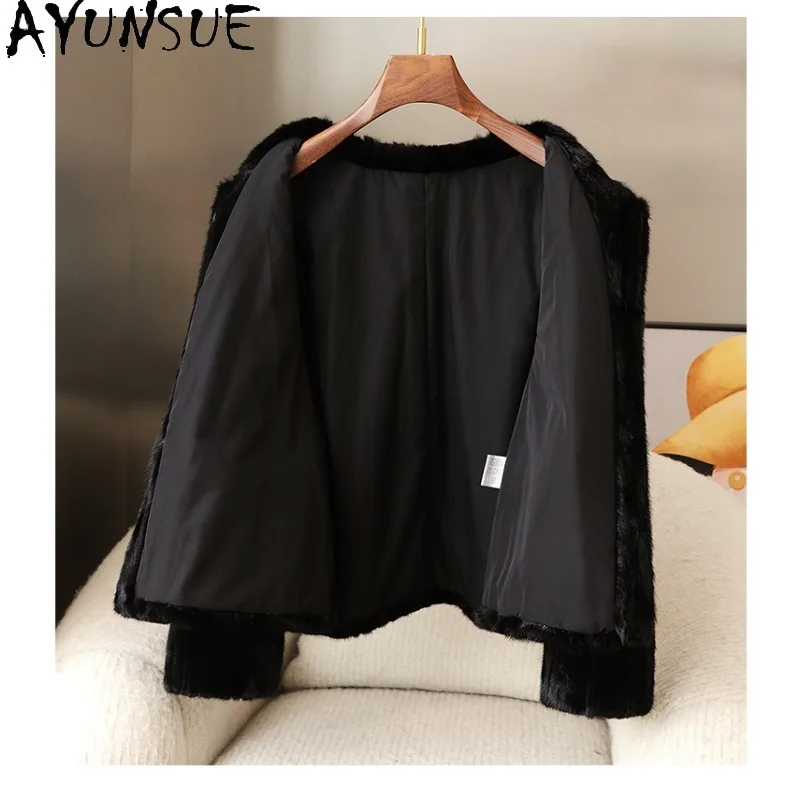 AYUNSUE Cappotto di Pelliccia di Visone Naturale per la Donna 2025 Nuovo Elegante Autunno Inverno Vestiti Pezzi Cappotto di Pelliccia di Visone Donna Fourrures Femmes