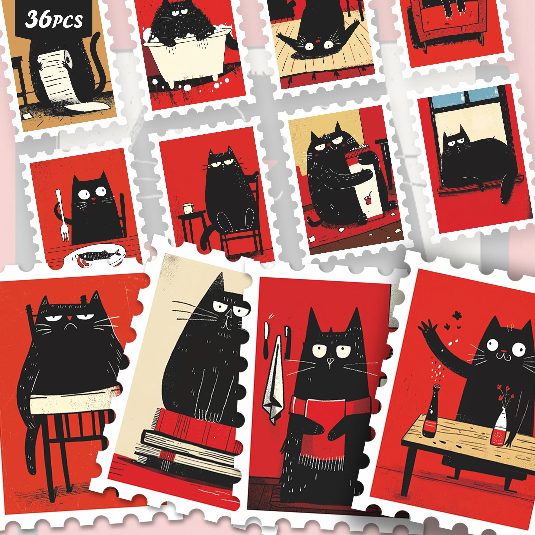 36PCS Moody Black Cat Ephemera Stickers, Bold Red & Black Quirky Cat Art Aesthetic Cutout Sticker Set for Journals, Planners &