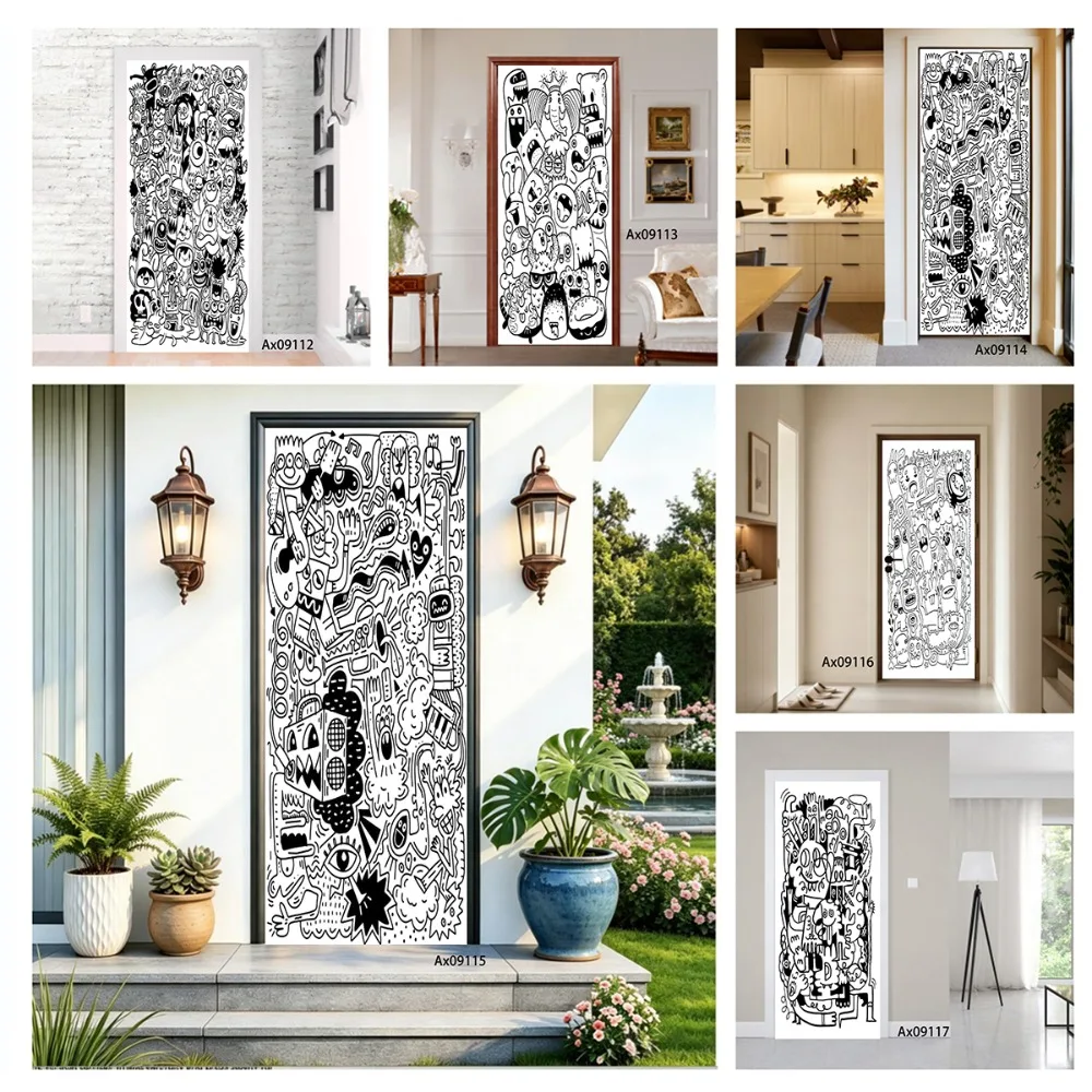 Black White Line Doodle Monster Door Sticker Abstract Graffiti Cartoon Character Door Mural Decal Self‑Adhesive Aesthetics Decor