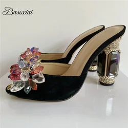 Colorful Rhinestone Beads Flower Sandals Women Luxury Suede Diamond High Heel Slingbacks Summer Mules For Girls