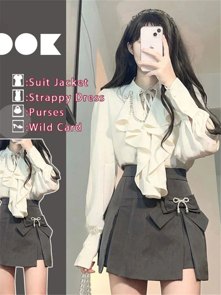 エレ・ロング・スヴェ・イルトとハイウエストスカートのツーピースセット（女性用、春夏、ファッショナブル、レトロ、スレ、ポリエステル、F...）