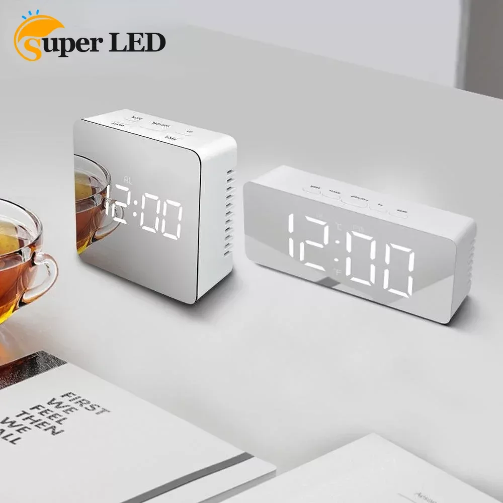 New LED Table Clock Lamp Bedroom Bedside Lamp Digital Electronic Desk Lamp with Makeup Mirror Table Alarm Clock for Home Decor