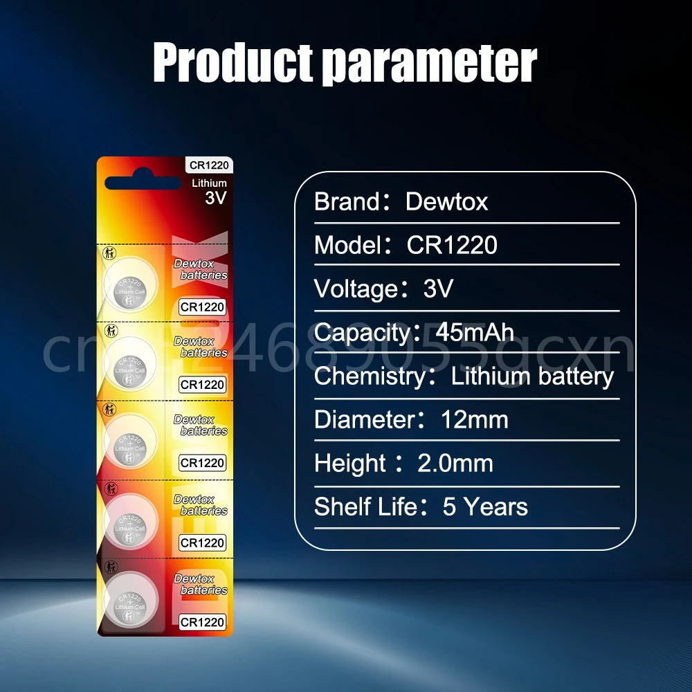 Pilas de botón CR1220 de 5 piezas, 45mAh, CR 1220, 3V, BR1220 DL1220 ECR1220 LM1220, para Calculadora de coches y juguetes
