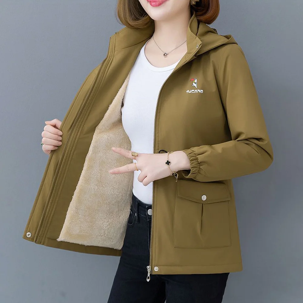 Gefüttert mit Samtjacke, langer Trenchcoat mit Temperament für Damen, lässige koreanische Version des lockeren, warmen Kapuzenmantels für Herbst und Winter