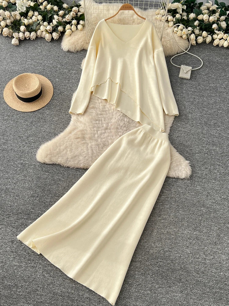 

Женский вязаный свитер и юбка с высокой талией, свободный крой, длинный све, осенне-зимний наряд Faion, облегающий платок Dr