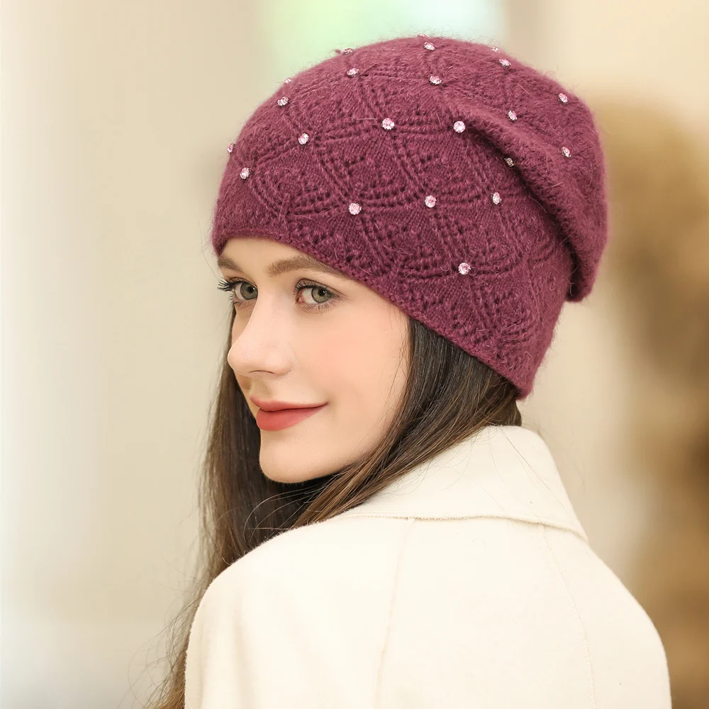 New Women Winter Hat Streetwear Rabbit Fur Blend Warm Cap Fashion Decorate Beanie Hat For Female Casual Knitted Hat