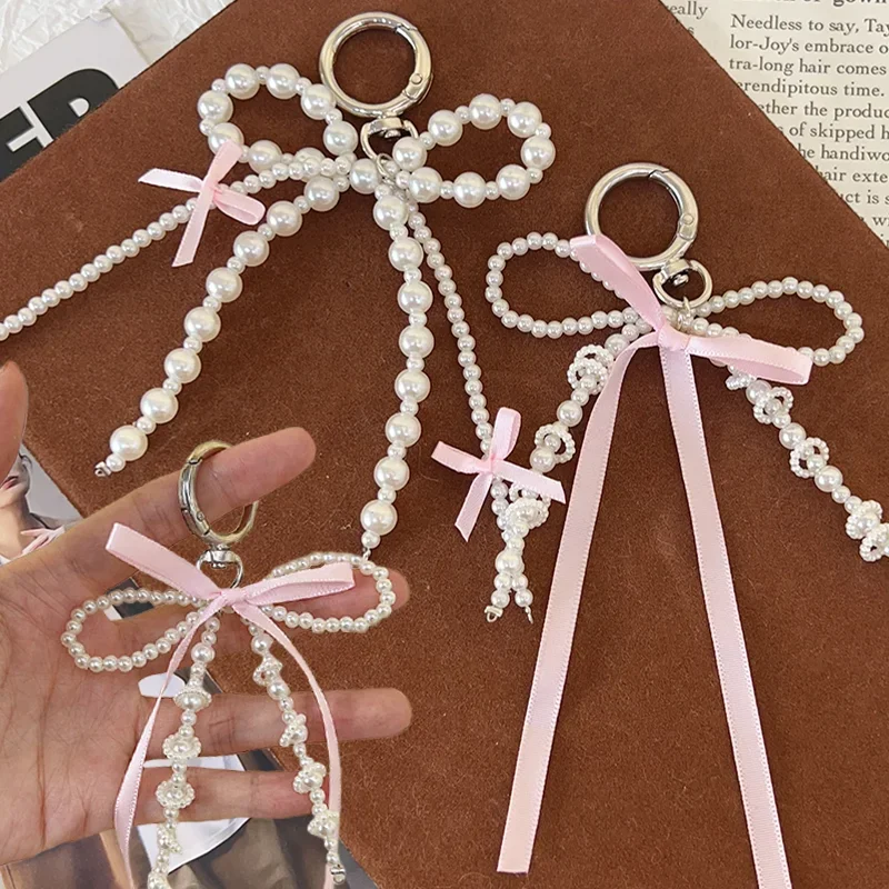 2025 New Korean Fashion Sweet Pearl Bow Keychain Heart Pendant Keyring Y2K Ins Aesthetic Holder for Girl Bag Pendant Accessories