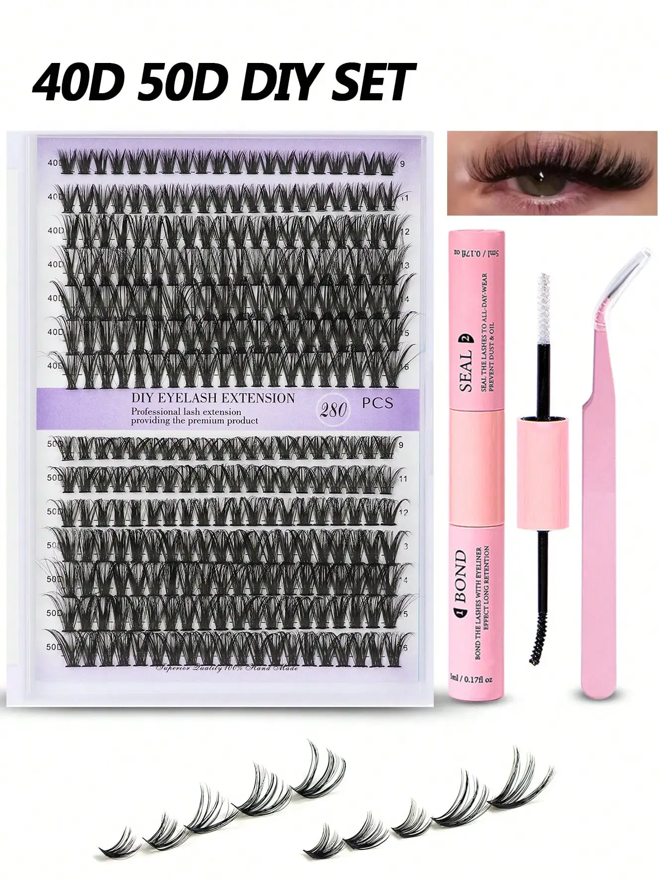 DIY Lash Extension Kit 280pcs Individual Lashes  9-16mm Mix 40D 50D Lash Clusters with Lash Bond and Seal Lash Applicator