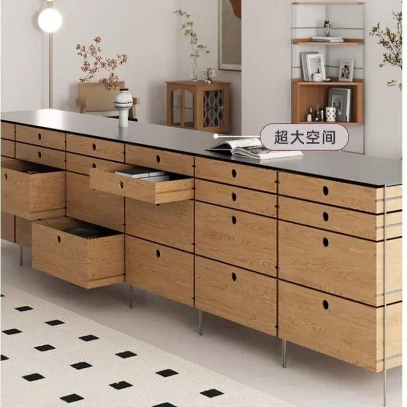 Stainless steel solid wood chest cabinet small apartment multi-layer storage cabinet