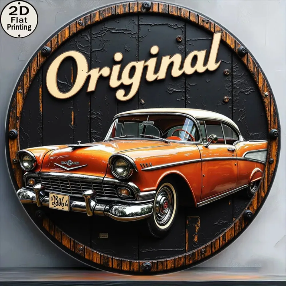 2D Flaches 8 Zoll Vintage Auto Rundes Metallschild Wandkunst Originaldesign Heimdekoration Urlaubsgeschenk