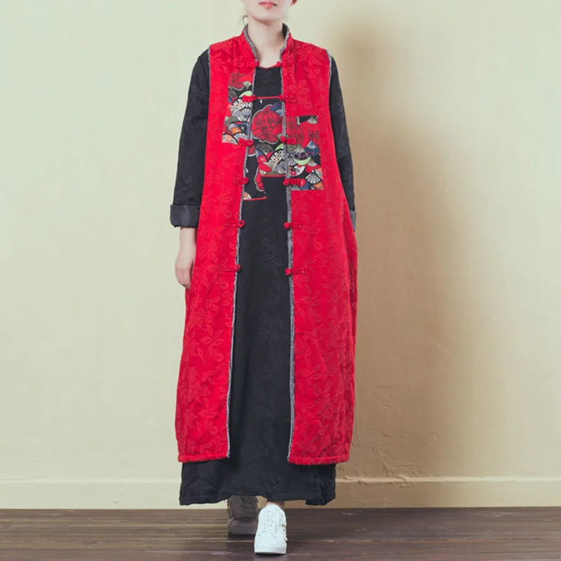 Winter Cotton Linen Jacquard Plus Long Velvet Waistcoat Women's National Wind Applique Sleeveless Warm Cardigan Red casual Vest