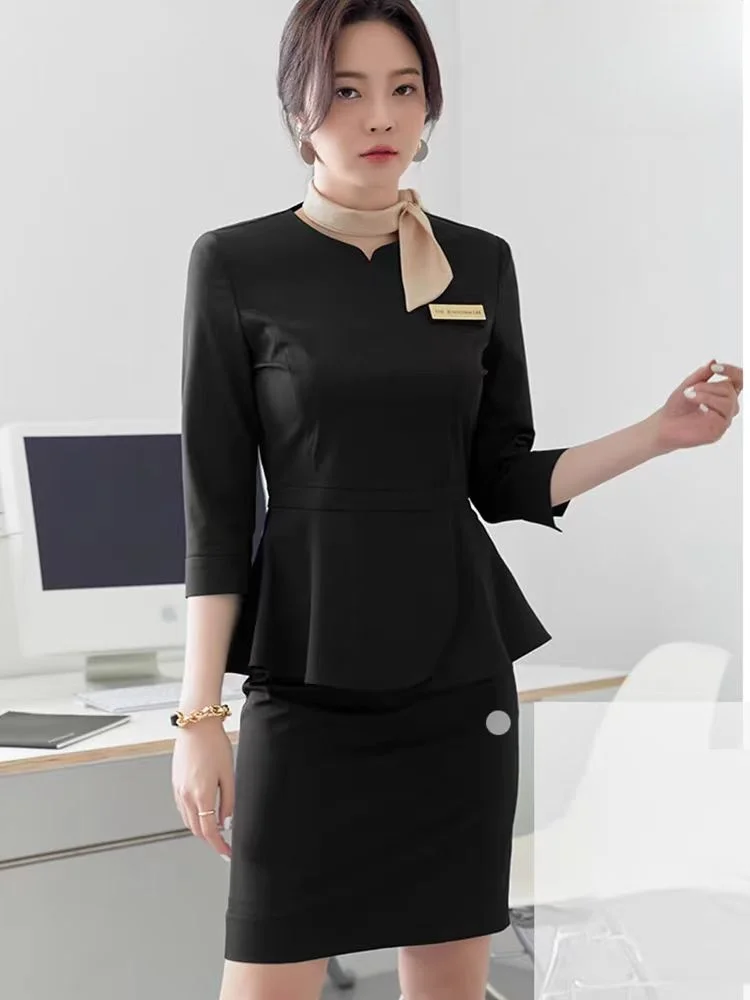 2024 Beautician Work Clothes Female Hotel Front Desk Fashion Professional Black Top and Pants Set Health Salon SPA Uniform Sales