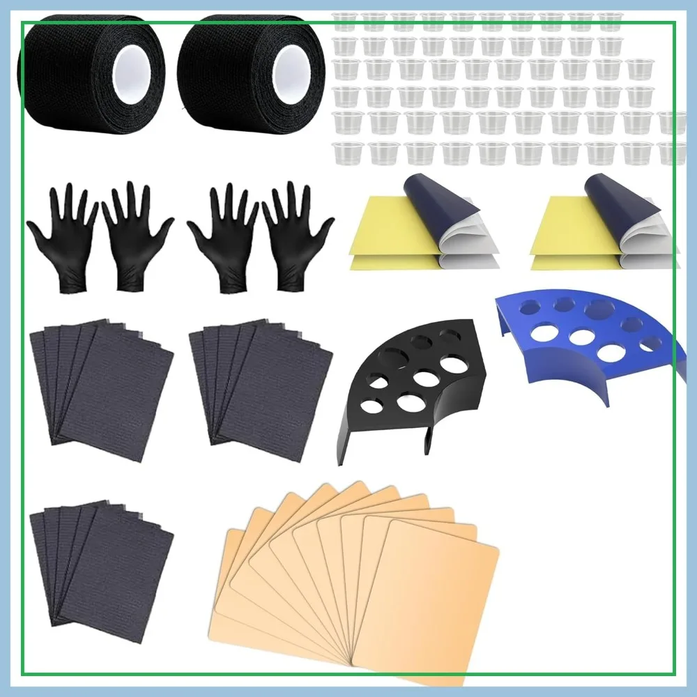 

Tattoo Practice Kit for Beginners - 437 Pcs with 10 Fake Skins, 50 Transfer Papers, 300 Ink Cups, 2 Holders, 4 Grip Tapes, 50 Bibs, 20 Gloves & 1 Color Wheel