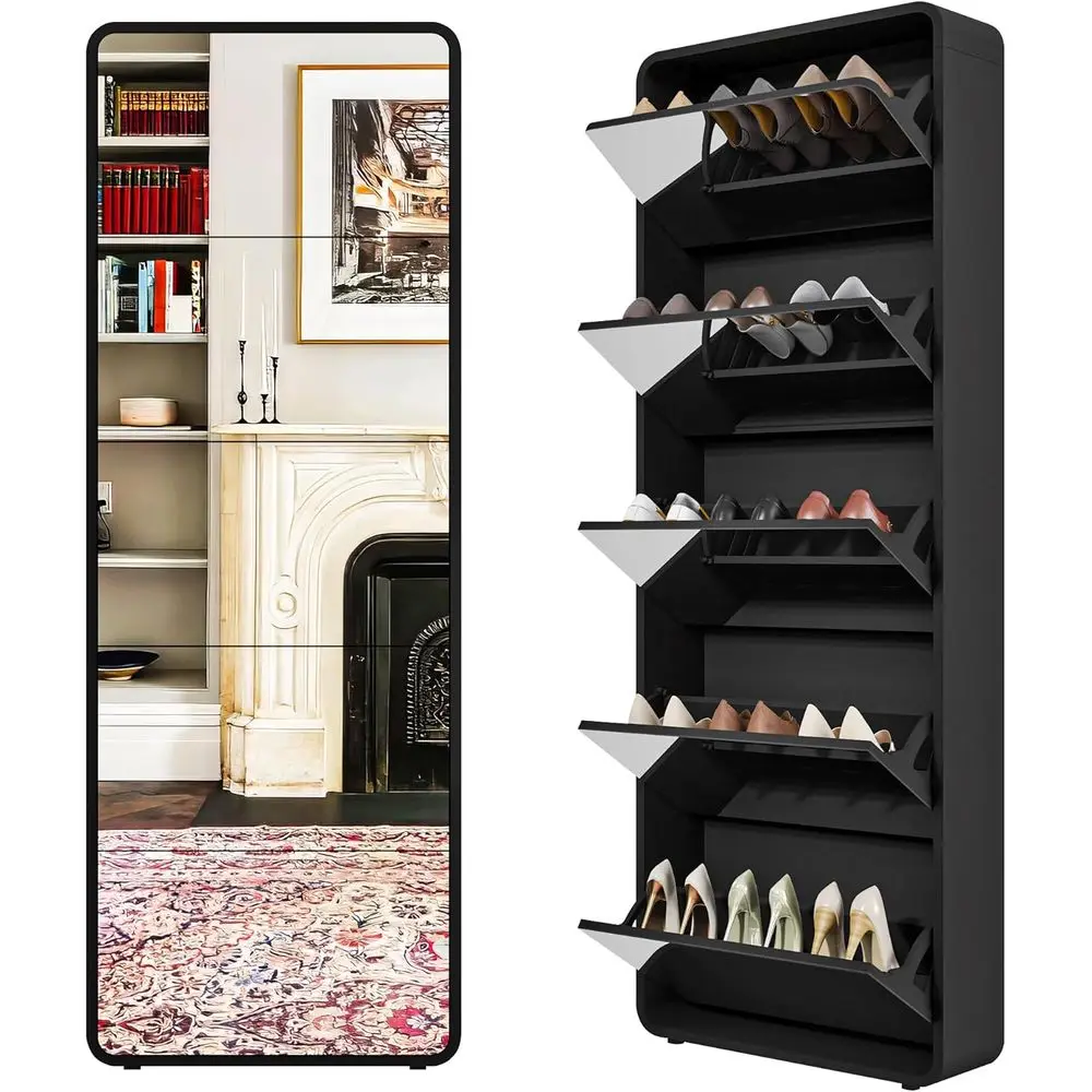 

Wooden 5-Tier Shoe Storage Cabinet with Full-Length Mirror, Space-Saving Rack for Entryway, Hallway, Bedroom, or Closet (Black)