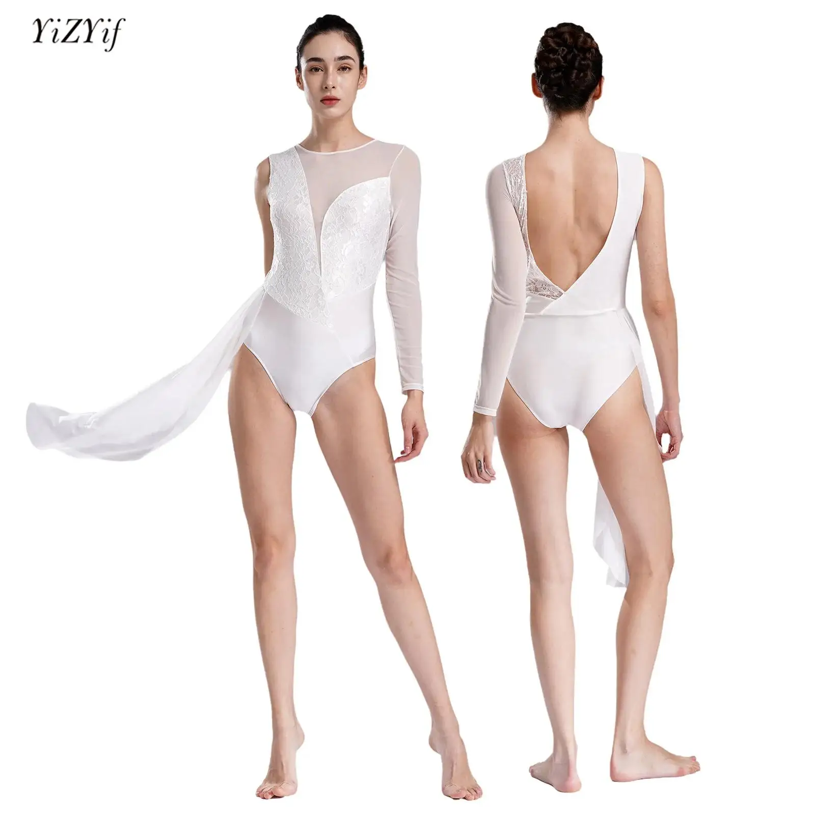 Womens Lyrical Dance Leotard Sheer Mesh Floral Lace Splice Deep V Back Long Sleeve Bodysuit Ballroom Ballet Gymnastics Leotards