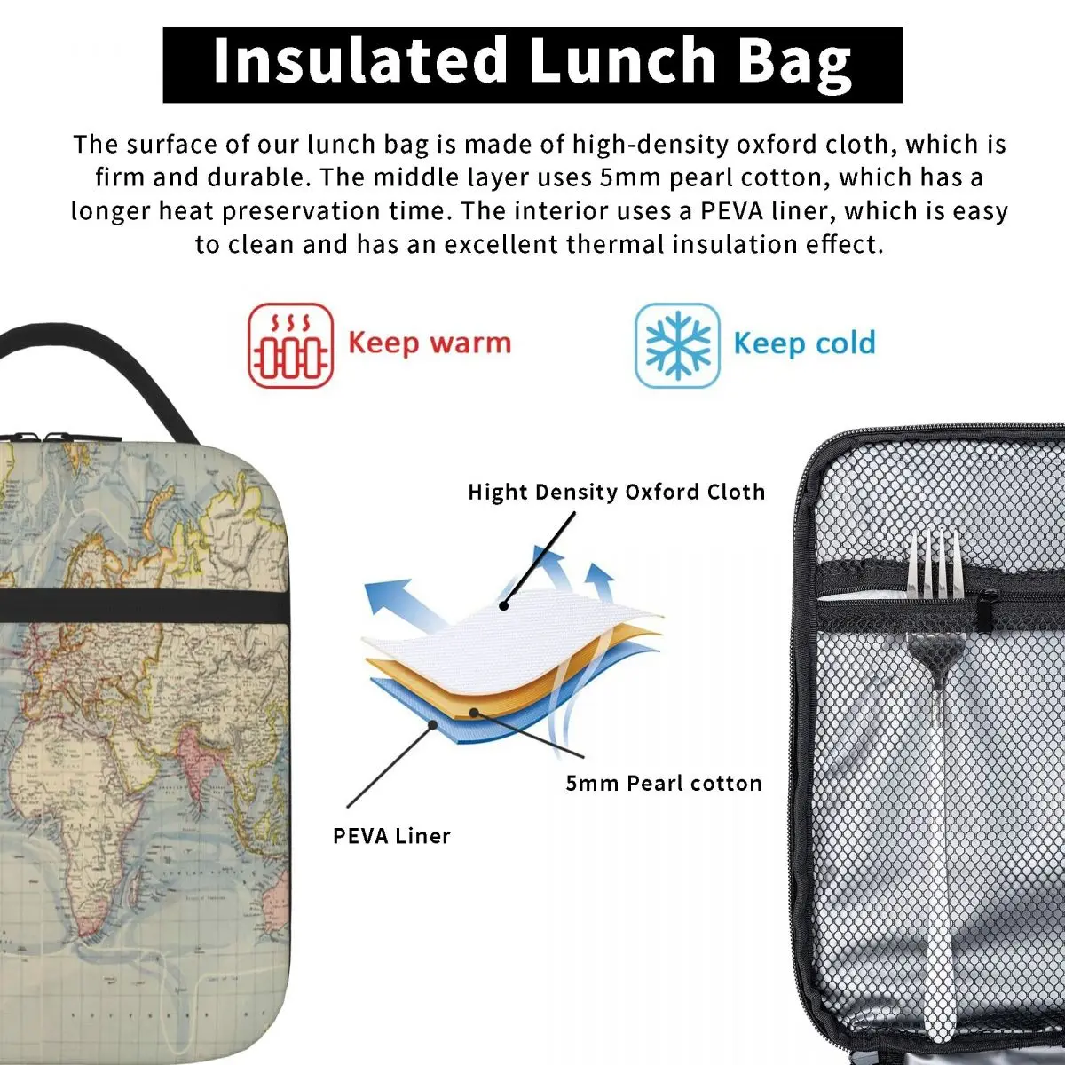 Blue Vintage Historical World Map Lunch Tote Lunchbox Insulation Bags Small Thermal Bag