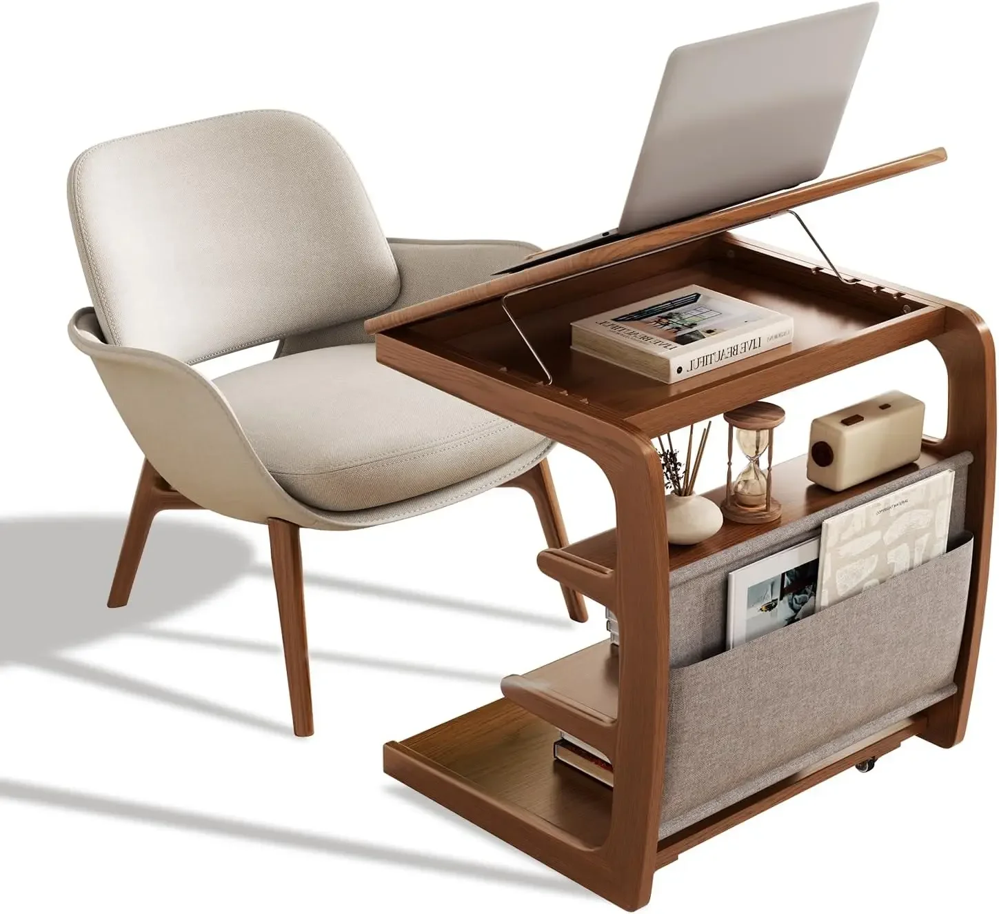 C Shaped Side Table with Wheels, Rolling Side Table with Storage | Rolling side table with storage shelf keeps daily