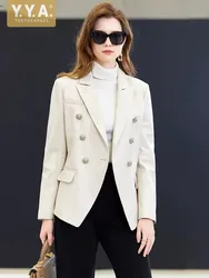 Office Ladies Elegant Genuine Leather Suit Jacket Slim Fit Spring Autumn Fashion Outerwear Women Double Breasted Sheepskin Coat