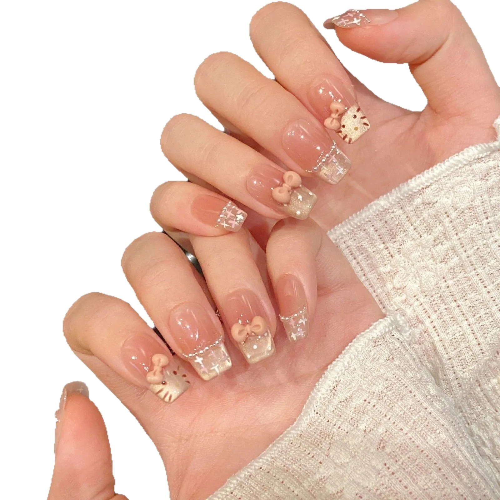 10 stuks handgemaakte pers op nagels Cat Blush Franse Cat Eye roze strik volledige dekking nageltips voor dames en meisjes verwijderbare draagbare nagel