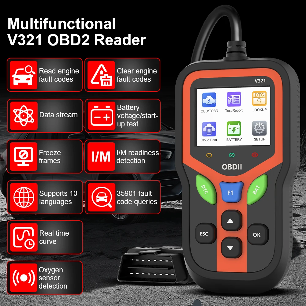 

V321 OBD2 Code Reader Диагностические инструменты OBD II Сканер Проверка системы двигателя Код неисправности Прозрачный датчик O2 Тестер автомобильного аккумулятора 12 В
