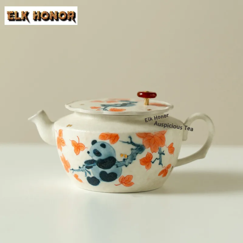 120ml Hand-painted Maple Leaf Panda Teapot Retro Tea Infuser Pot Household Tea Maker Kettle with Strainer Puer for Tea Ornaments