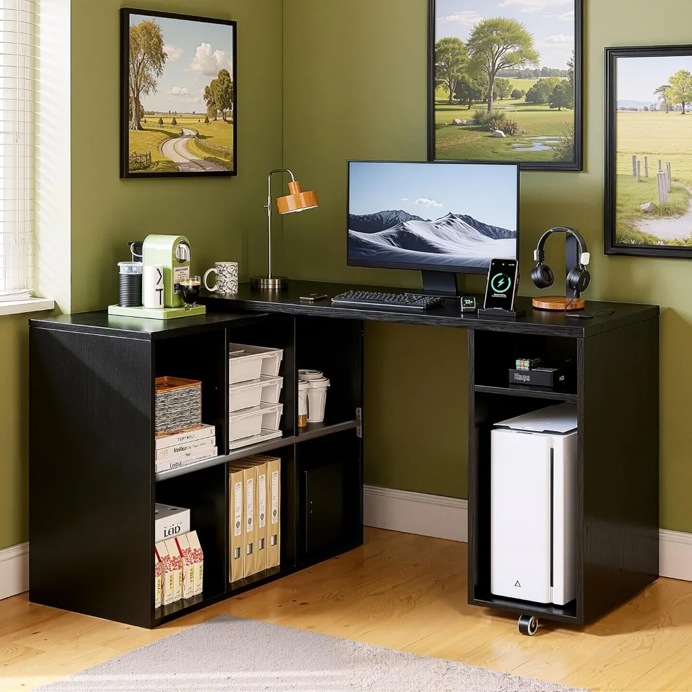 360°Swivel L-Shaped Computer Desk with 6 Open Shelves - Rotating Home Office Desk for Work & Study Black Walnut