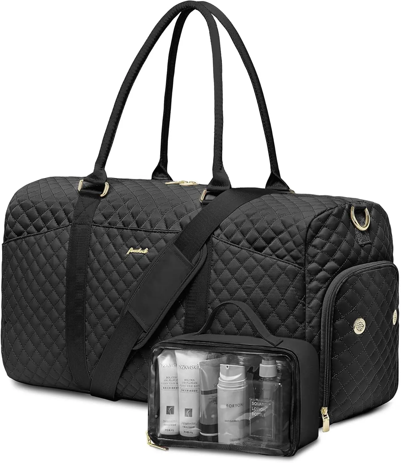 

Women's Weekender Duffle Bag with Shoe Compartment, Wet Pocket, and Toiletry Bag for Travel, Gym, Yoga - Black