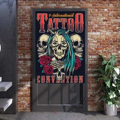 Vintage Tattoo Poster Door Curtain Girl with Roses and Skeleton Skull Bedroom Kitchen Partition Noren Curtain Decorative Curtain