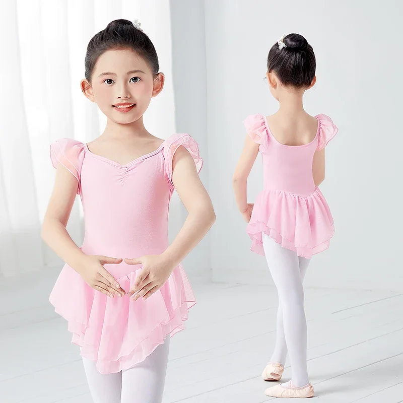 ชุดบอดี้สูทบัลเลต์เด็กผู้หญิง สีชมพู ชุดบัลเลต์ 2 ชั้น ผ้าตาข่าย แขนระบาย ชุดเต้นบัลเลต์ ผ้าฝ้าย ชุดยิมนาสติก