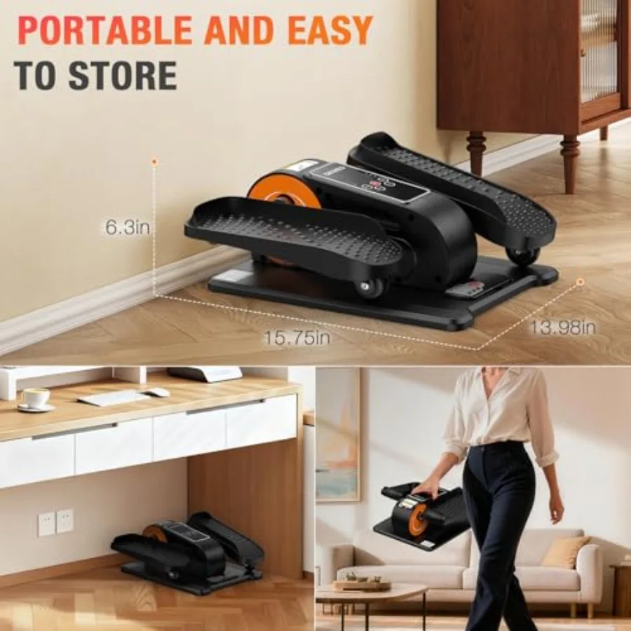 Under Desk Elliptical Machine for home use, steel frame, black, quiet motor and compact design with monitor, remote control, 12