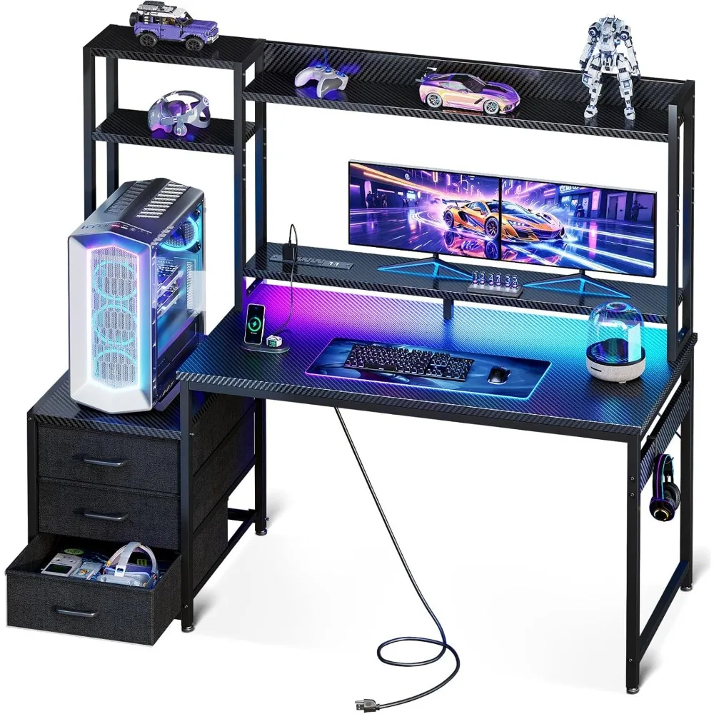Mesa de jogos de 48 polegadas com gaiola e 3 gavetas de tecido, mesa de computador com portas USB e luzes LED, mesa de jogador de PC reversível com Mo