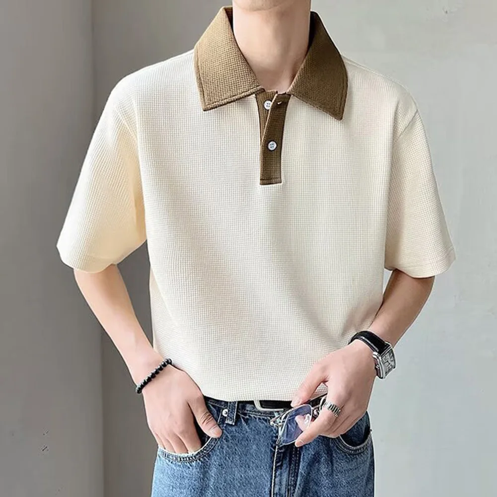 Male Shirt T-Shirt Outdoor Holiday Men Patchwork Polyester Short Sleeve Summer Breathable Business Button Comfy Fashion