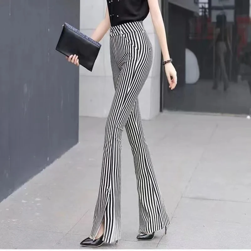 Korean Fashion Summer Suit Pants New Women Striped Pockets Zipper High Waist Split Temperament Chic Slim Straight Flare Trousers