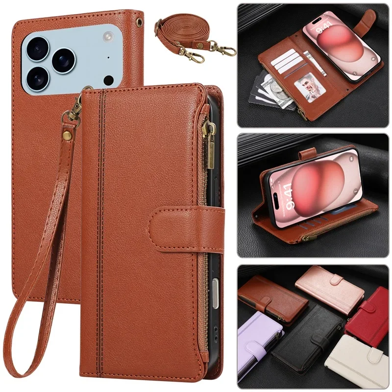 Reißverschluss Leder Flip Wallet Handyhülle für IPhone 17 Pro Max Air 16E 15 Plus 14 13 12 11 X XS Lanyard Karten Cover Hoesje Coque
