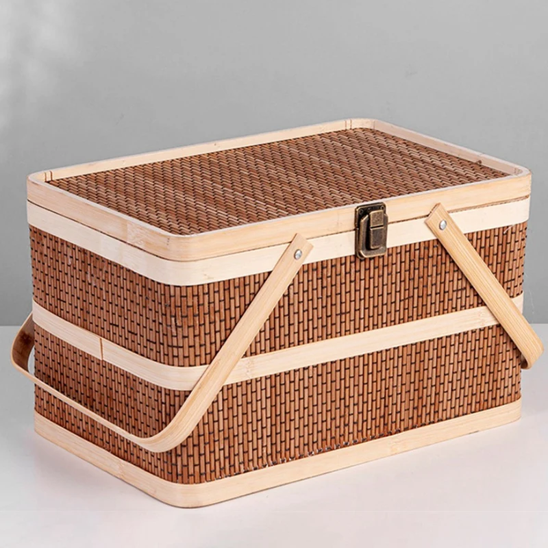 Woven Baskets Bamboo Portable Picnic Fruits Natural Holder Lid Bread Zongzi Organizer Durable