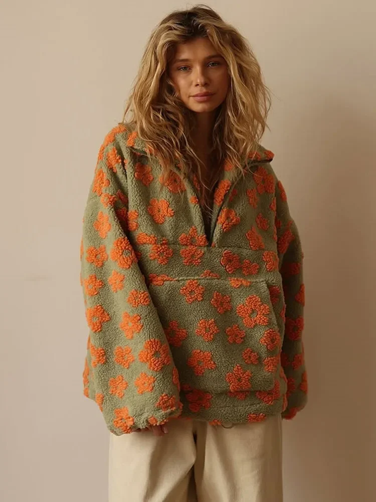 

2025 Fashion Floral Lambskin Hoodie Women Casual Full Sleeve Zipper Pocket Loose Fit Hoodies Female Autumn Chic Holiday Clothes