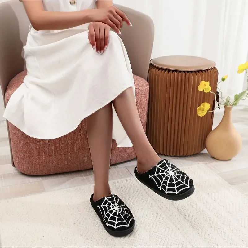 Halloween Funny Casual Fluffy Slippers Women House Flats Skull Cartoon Couple Winter Shoes Girls Fashion Footwear Large Size